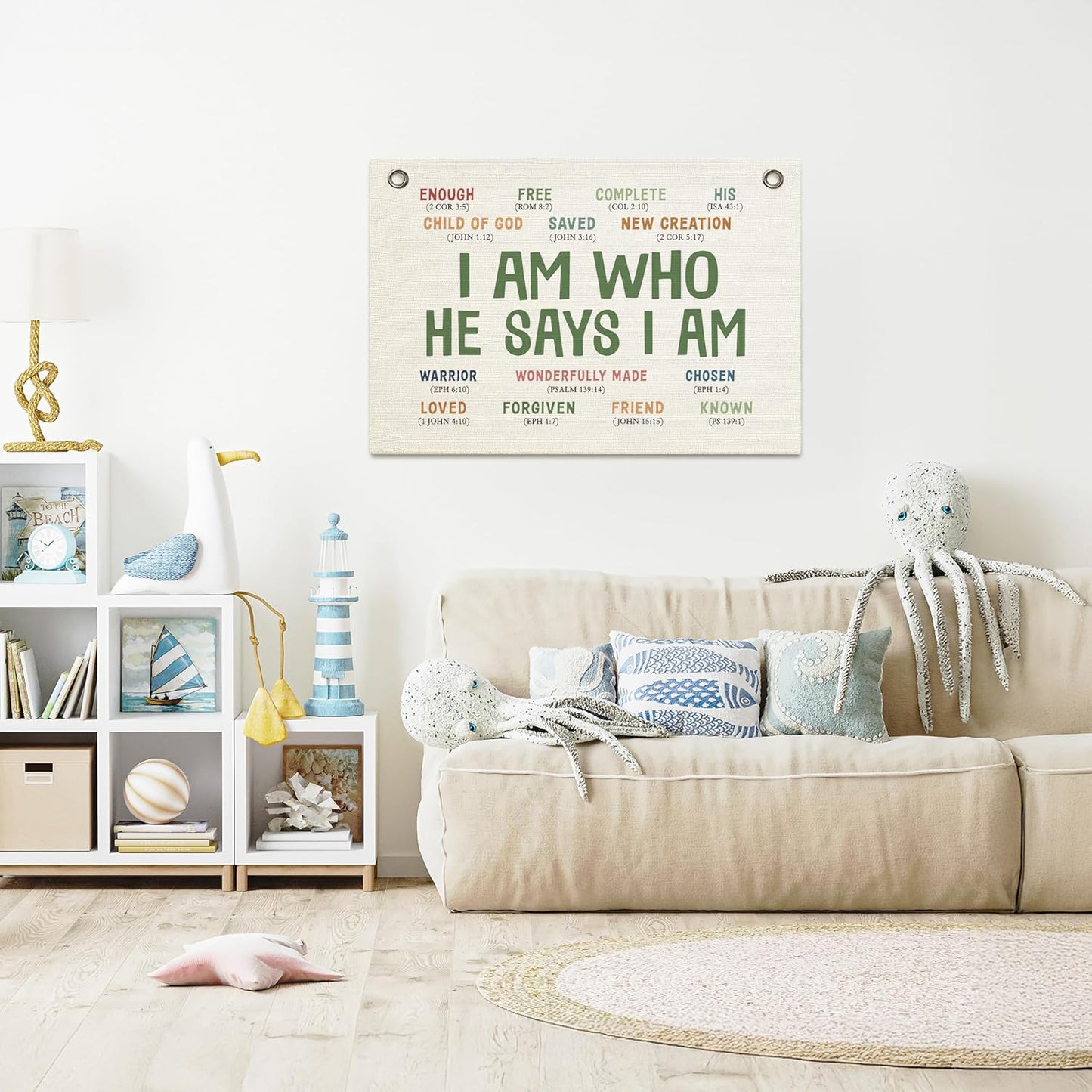 Christian Wall Decor Banner, Inspirational Religious Bible Verse Decor, Canvas Hanging Flag Banner Wall Poster Sign, Positive Growth Mindset Quotes for Kid's Room Classroom Homeschool -I Am Who He Says I am