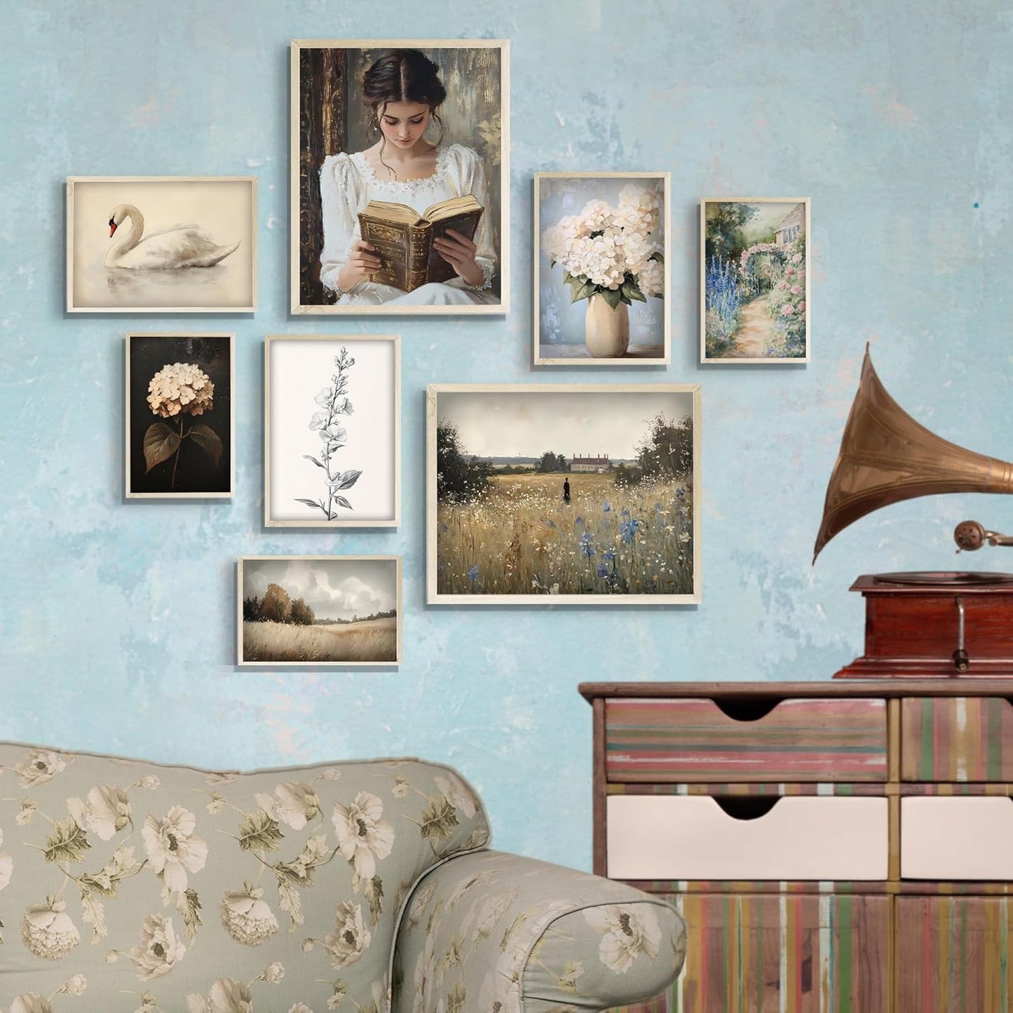 Eastern Print Victorian Wall Art Set of 8 PCS, Vintage Prints for Gallery Wall Decor, French Country Cottagecore Style, Swan, Floral, Classical Woman Reading Artwork for Bedroom, Living Room, Unframed