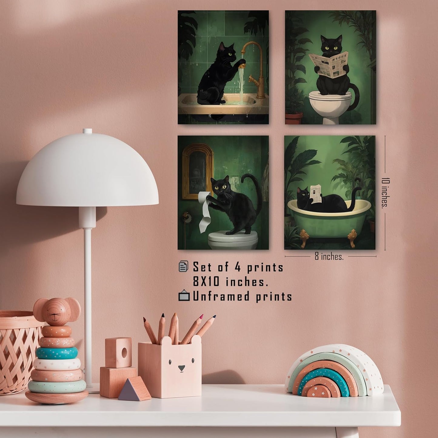 FITIE Funny Black Cat Bathroom Wall Art Prints Set of 4, Funny Black Cat Reading on Toilet Bathtub Wall Art Posters for Bathroom Washroom Restroom Decor, 8x10 Unframed