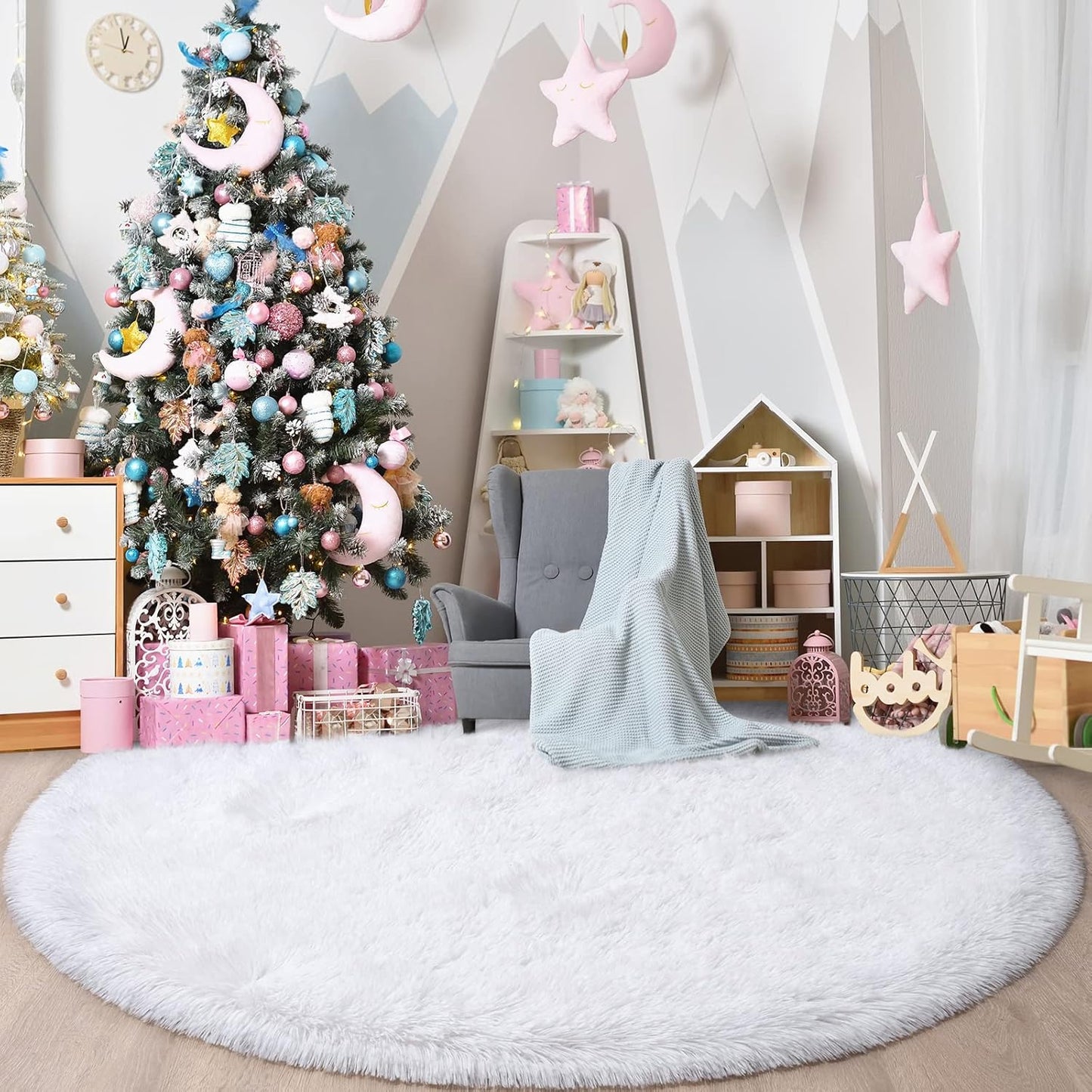 White Round Rug for Girls Bedroom, Fluffy Circle Carpet 4'X4' for Kids Room Decor Shaggy Circular Rug for Baby Nursery Dorm Upgrade Fuzzy Plush Rug for Living room Cute Room Decor for Teen Baby
