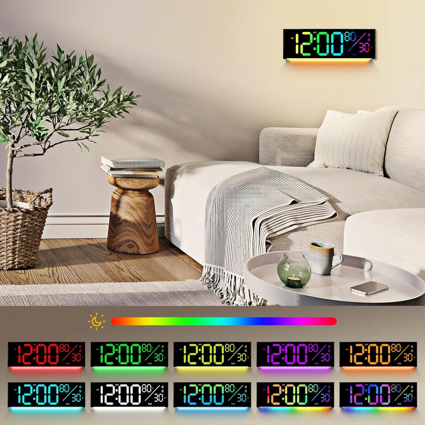 12" Digital Wall Clock: LED Large Display Clock with Remote, 11 RGB Color Modes, Wall Mount or Tabletop Decor for Classroom Dorm Office, Big Numbers for Seniors Kids