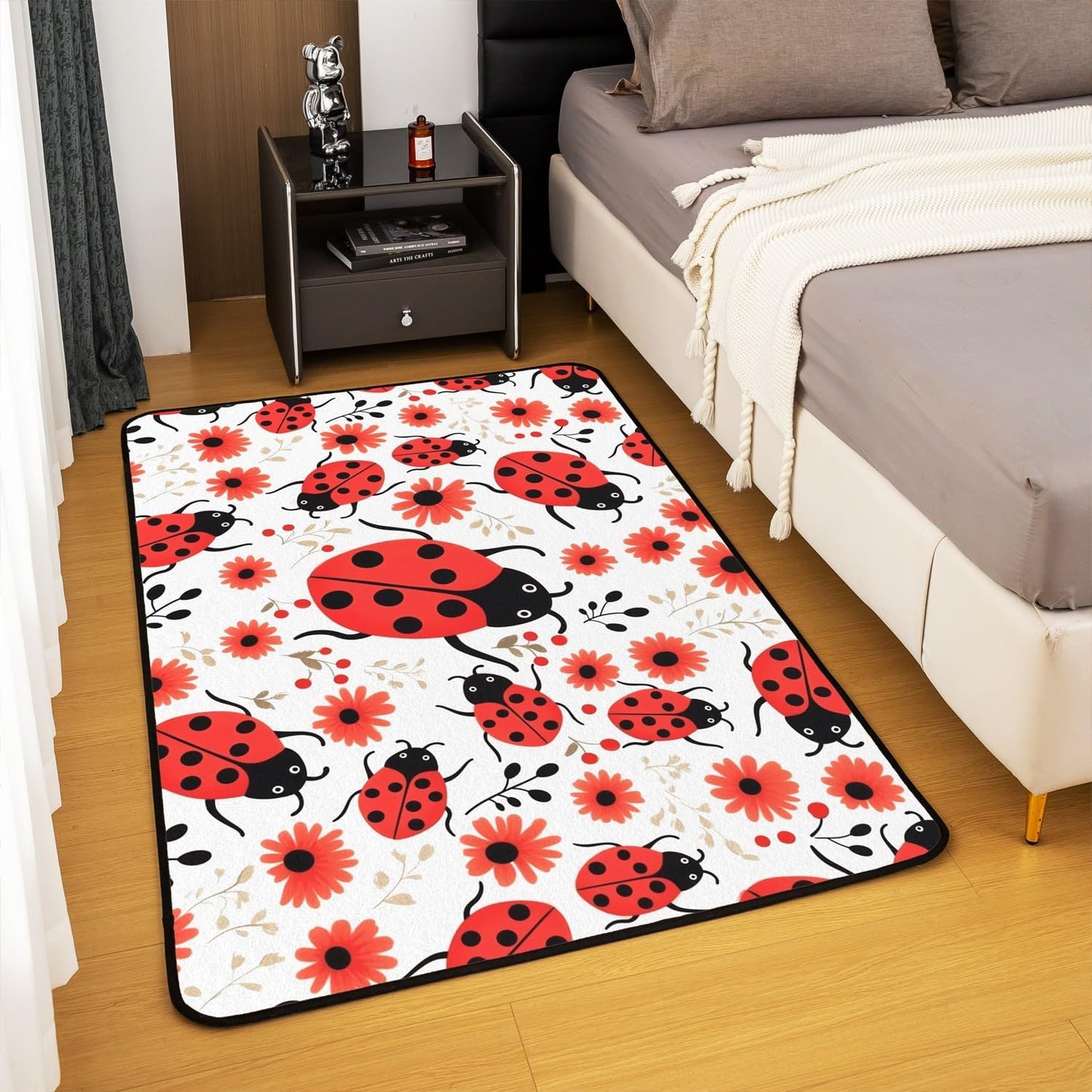 Erosebridal Ladybug Living Room Rugs 6'6" x 4'11" Seven-Spotted Area Rug for Kids Girls Women Floral Botanical Black Red White Decorative Carpet Non Slip Indoor Floor Mat