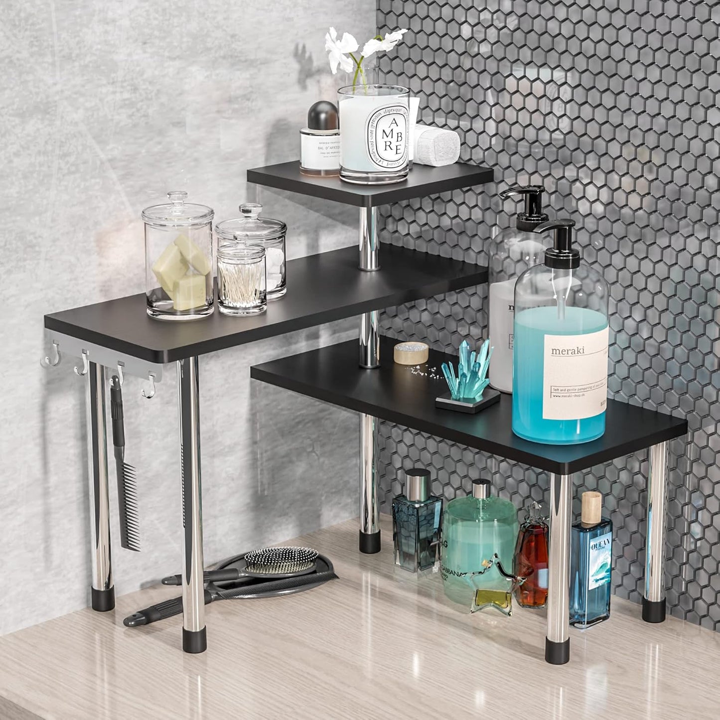 ZHWS Bathroom Counter Organizer Corner Shelf – Bathroom Organization Bamboo 3 Tier Spice Rack Makeup Organizer Bookshelf Space Saving Rack Kitchen Office Living Room, Black