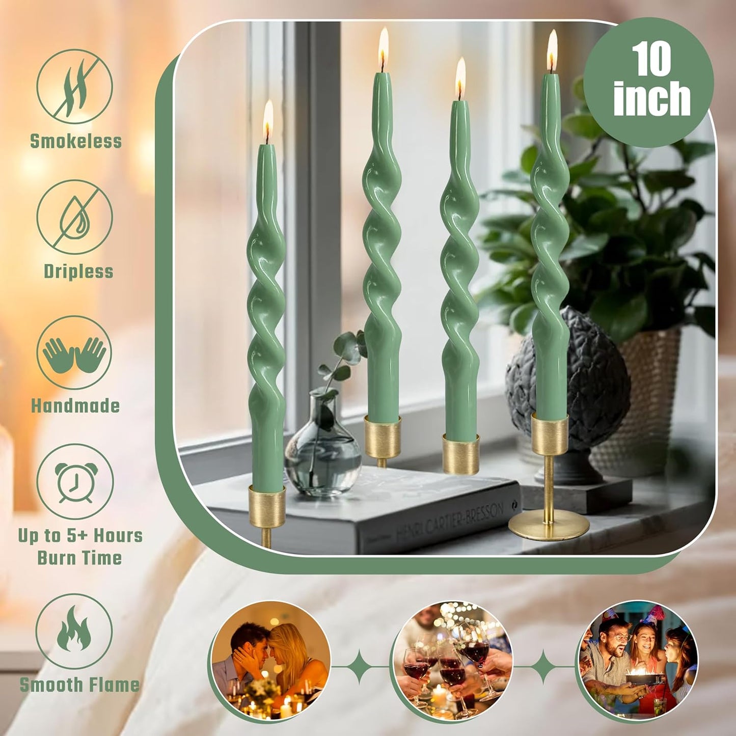 10 Inches Spiral Taper Candles Sticks Sage Green Twisted Candle Dripless Unscented Long Candles, Handmade Candlesticks for Wedding Dinner Decor, Set of 4