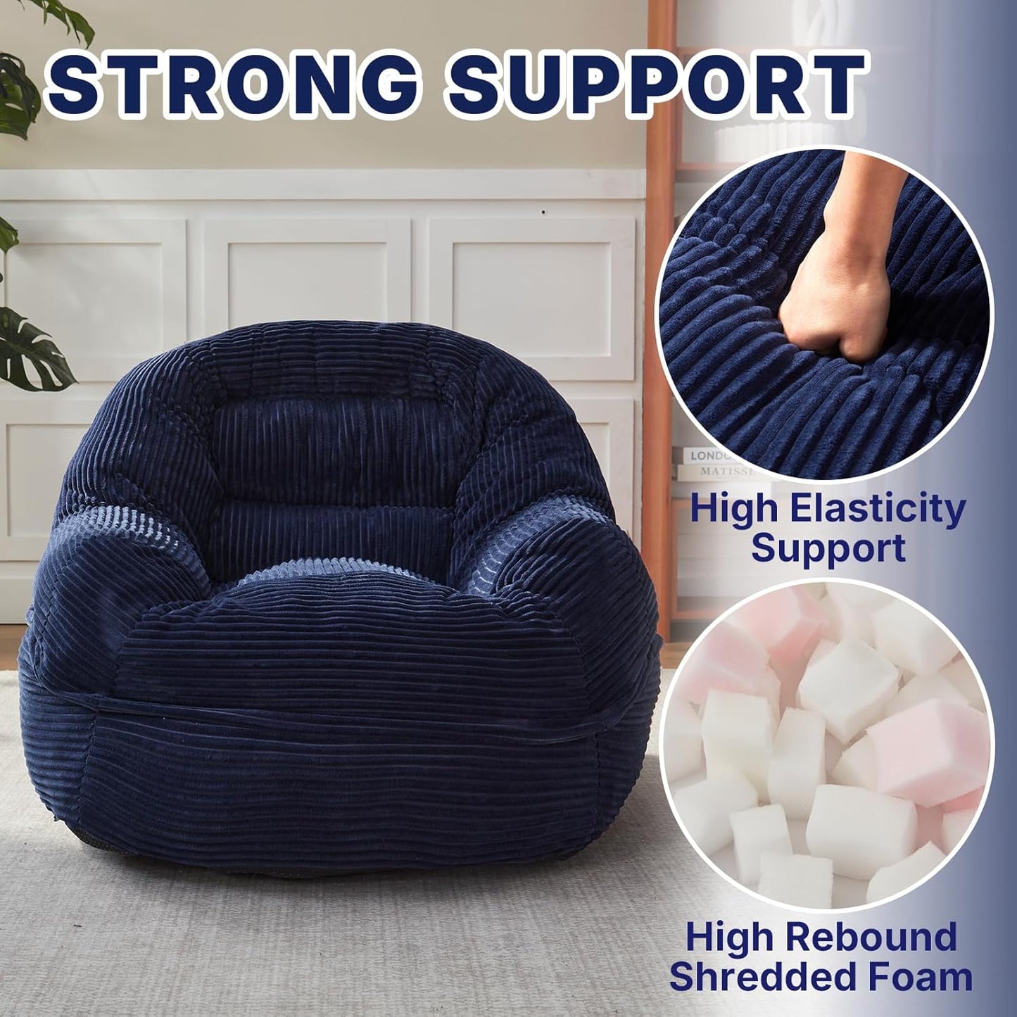 Giant Bean Bag Chair for Adults and Teens, Corduroy Large Bean Bag Chairs with Armrests, Adult BeanBag Sofa Couch Chairs with Filler, Comfy Reading Chair Floor Sofa for Gaming, Napping