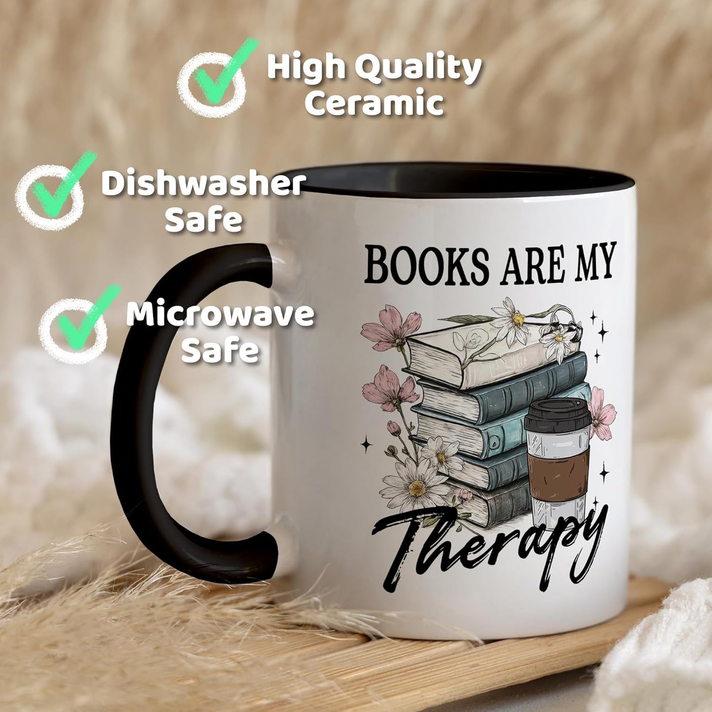 Book Lover Gifts - Books Are My Therapy Mugs with Black Handle, Bookish Coffee Mug with Stacked Book Design, Birthday, Christmas Gifts for Books Lovers Women, Bookworm Mugs for Readers