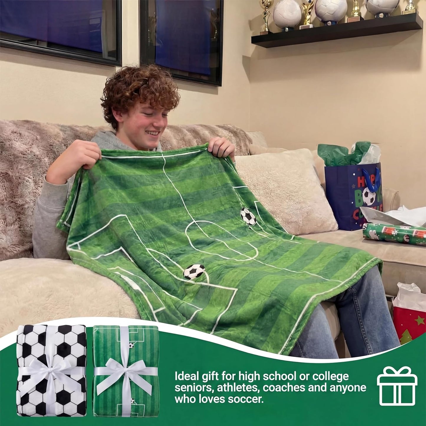 2 Pcs Soccer Blanket 50" x 60" Soccer Flannel Throw Blanket for Teen Team Coach Gifts Ball Themed Accessories Decoration for Sport Lovers Birthday Christmas Adult Gift Favors