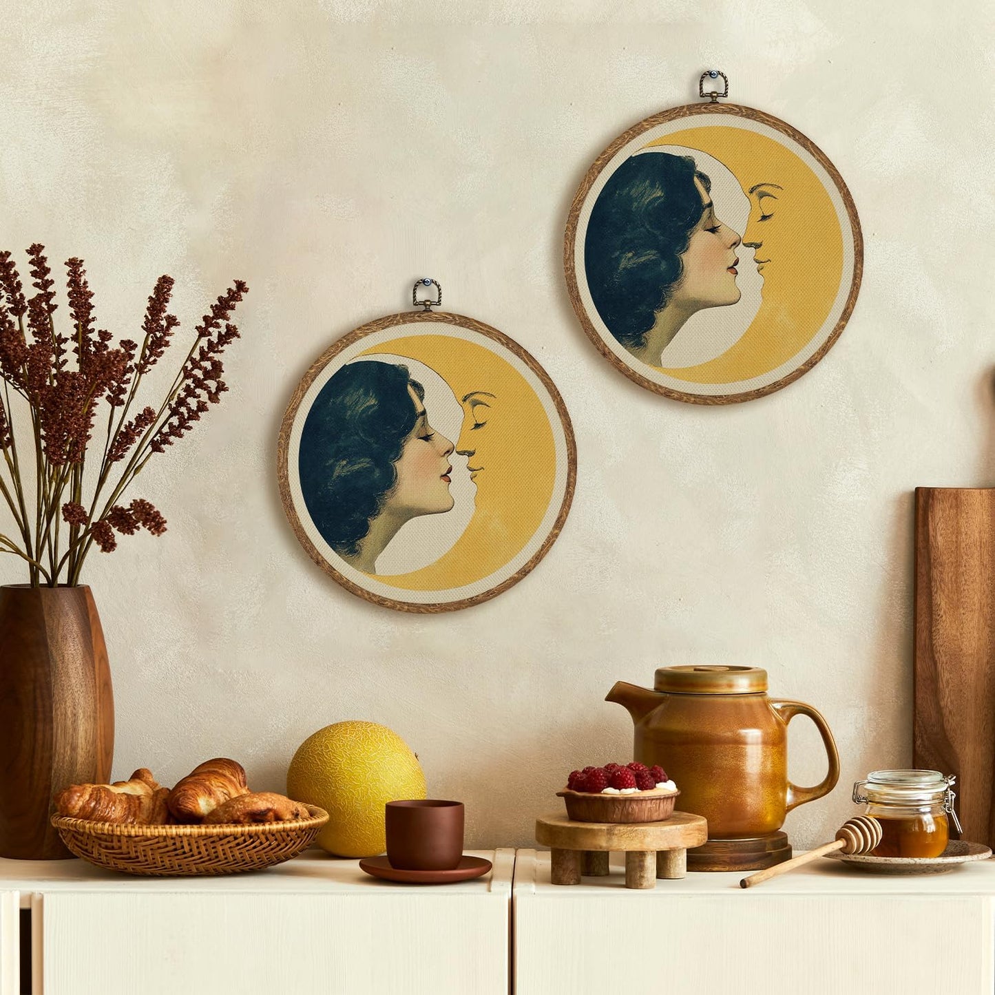 Romantic Moon and Young Girl Wall Art,Vintage-Inspired Celestial Linen Print Round Artwork ,Surreal Moon and Woman Hanging Decor for Bedroom, Living Room, or Dreamy Space 10''x10''(Ggolden-moon and Girl)