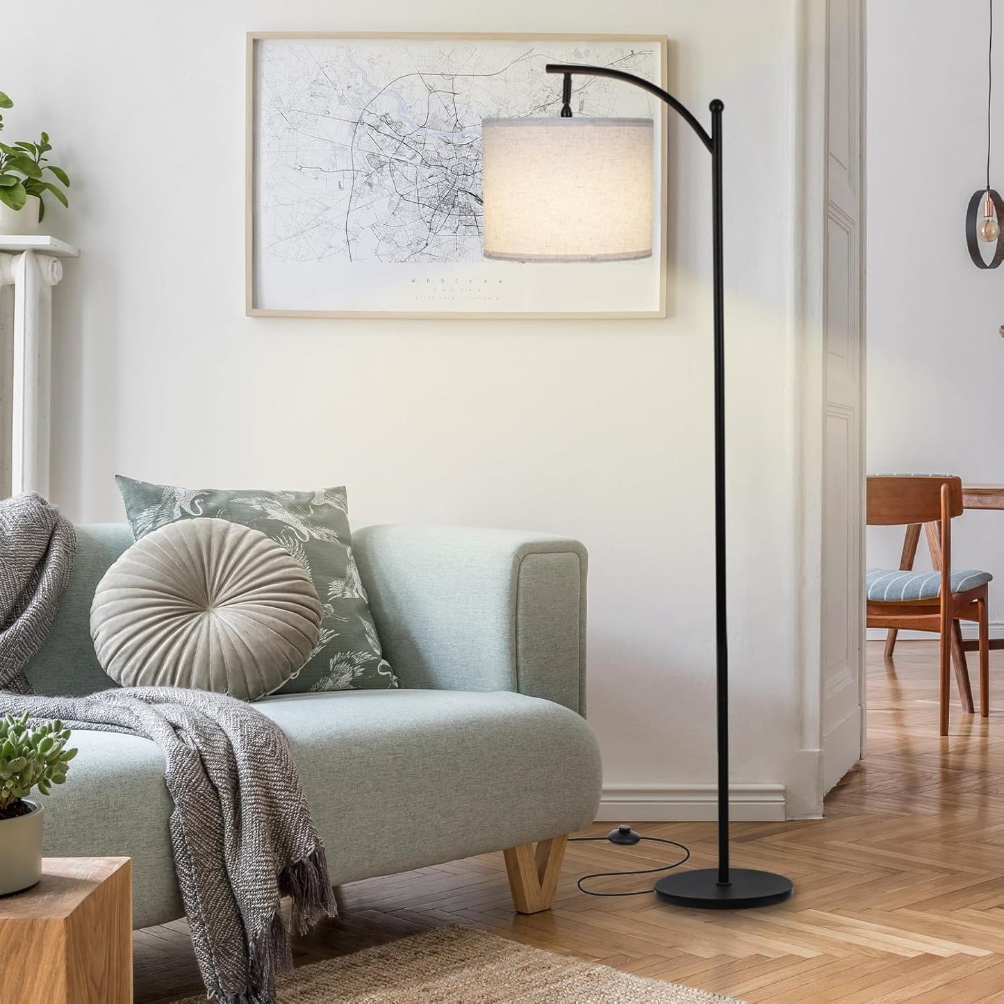 Modern Floor Lamp, 3-Ways Dimmable Standing Lamp with Linen Shade, Adjustable Height, Foot-Step Switch, Reading Lamp for Living Room, Bedroom, Office, 9W Bulb Included (Black)