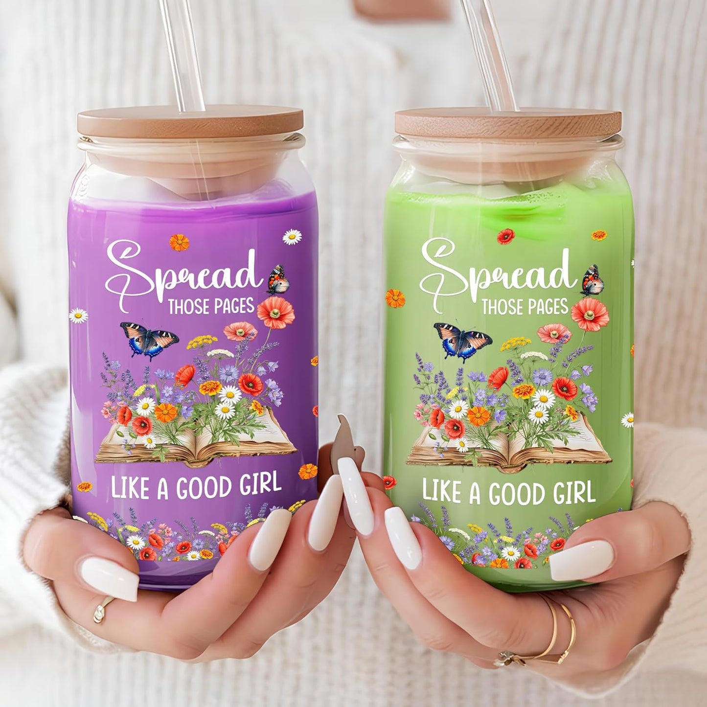 Gifts for Readers Book Lovers Women 16 oz Glass Cups with Lids and Straws Iced Coffee Tumbler Reading Accessories for Bookish Club Bookworms Teacher Librarian Friends Mother's Day Valentines