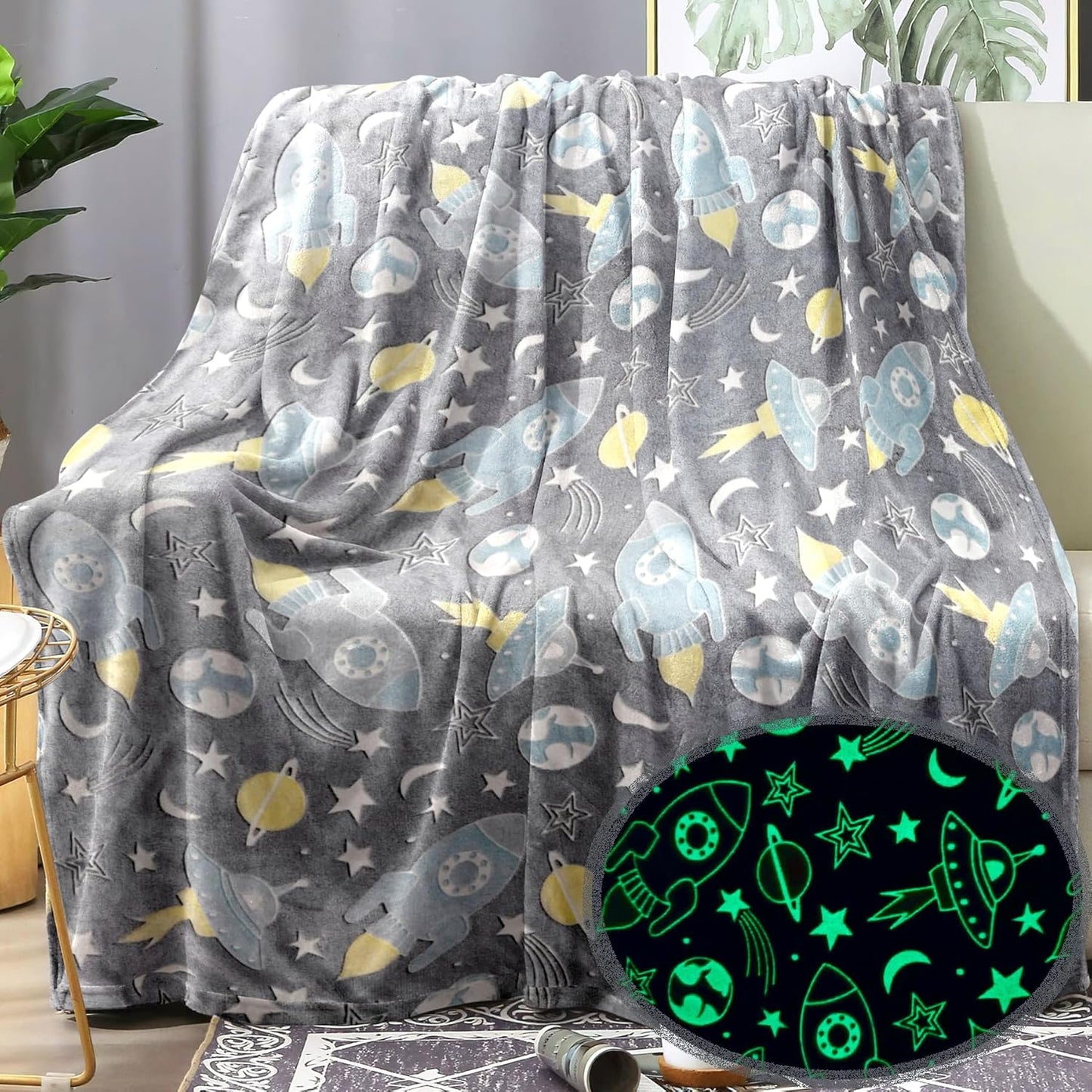 Glow in The Dark Space Blanket Glowing Rocket Spaceship Moon and Stars Throw Blankets Luminous Gifts for Kids Toddler Boys Girls Twin Size (Glow Space, 60"x 80")