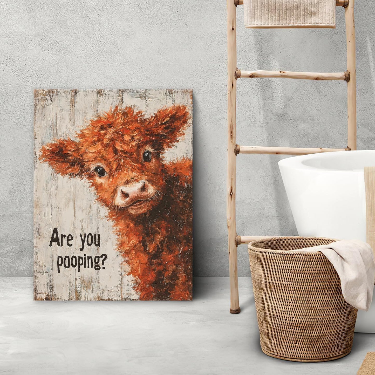 Funny Highland Cow Canvas Wall Art Are You Pooping Sign Poster Highland Cow Pictures Painting Modern Prints Framed Artwork for Toilet Bathroom Washroom Wall Decor 12"x16"