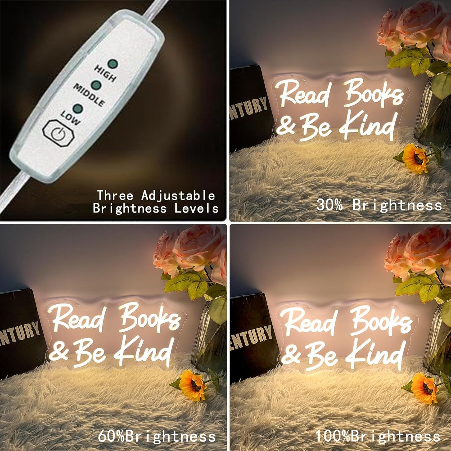 Read Books And Be Kind Neon Sign for Wall Decor, Dimmable Neon Light Signs for Bedroom LED Signs for Classroom Bookstore Library Study Reading Study Room Decoration