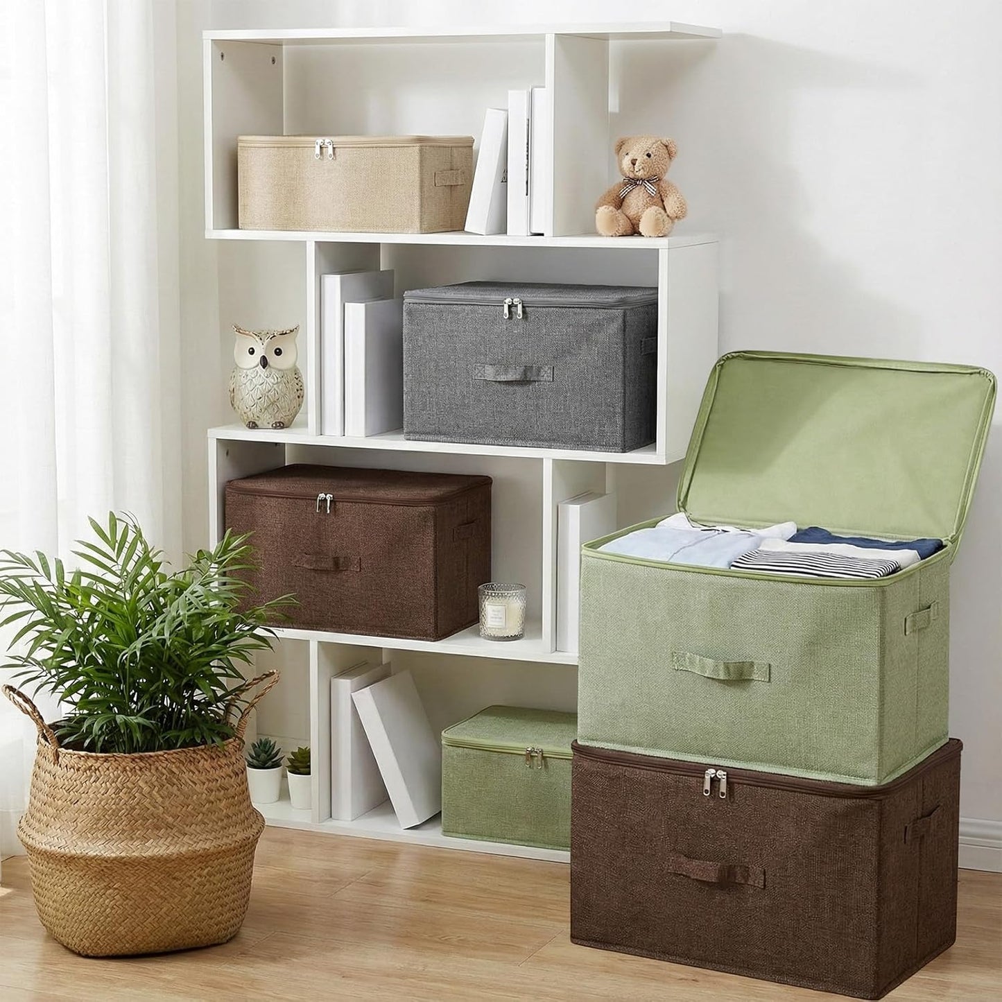 ANMINY 3PCS Storage Bins with Zipper Lids 36 Qt Lidded Fabric Storage Boxes Baskets Cubes with Handles Collapsible Washable Cotton Linen Closet Shelf Clothes Organizer Containers - Coffee, Large