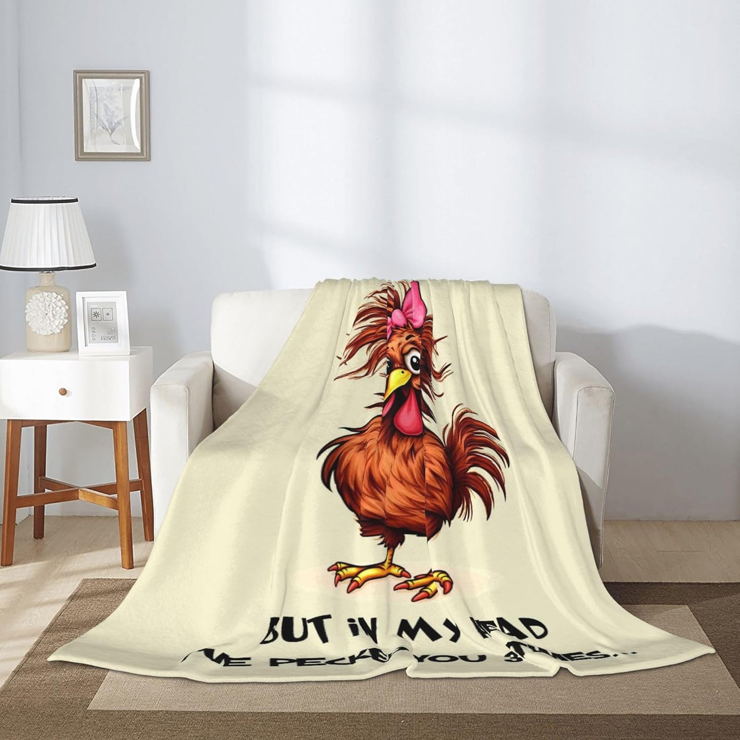 Funny Chicken Blanket, for Women, Cool Unusual Dark Humor Gifts for Chicken Lovers Sister Coworker Mom, White Elephant Gift, Super Soft Flannel Throw Blanket, 60" L x 50" W