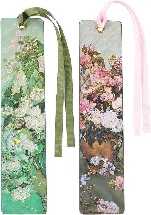 2Pcs Oil Painting Bookmarks for Women, Bookmarks Set for Book Lover, Book Marks for Reading, Vintage Book Marks for Kids Students Classroom Gift for Teacher Pink Roses & Roses