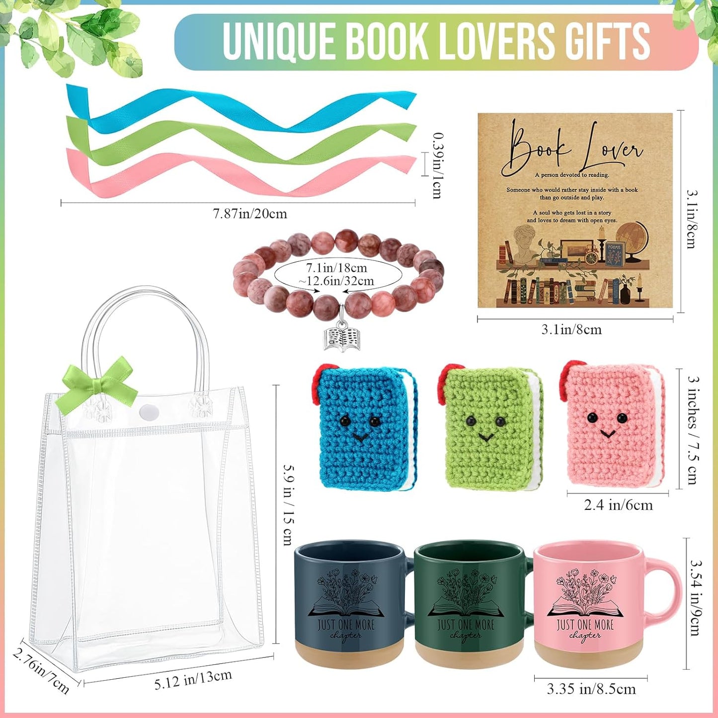 Roshtia Book Lover Gift for Women Bookworm Coffee Mug Mini Crochet Book Bracelet Card and Bag Bookish Club Accessories for Friend Librarian Reader Coworker Teacher, 1 Set