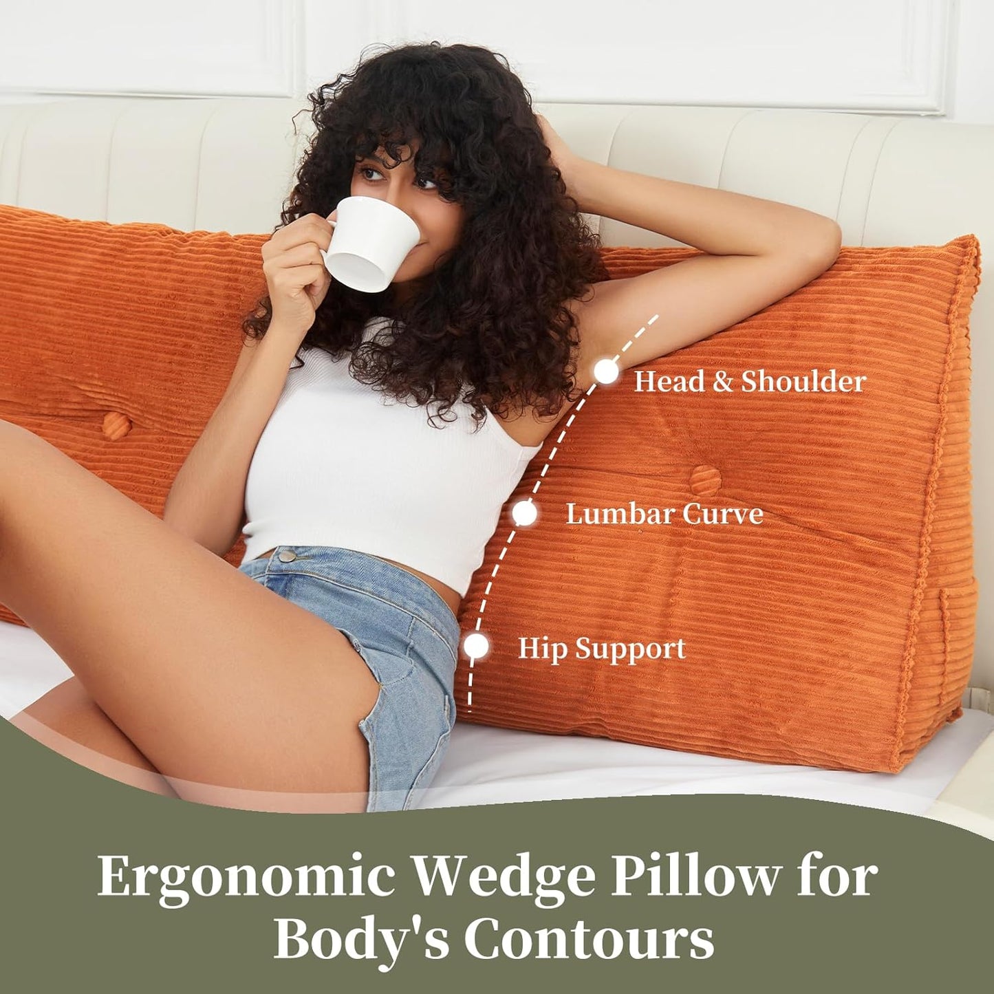 Headboard Wedge Pillows for Sitting Up in Bed Rest Adult，Triangular Upholstered Stuffed Reading Pillow for Sofa Couch Back Cushions Lumbar Body Support Bedroom（Queen，Corduroy Sage Green）