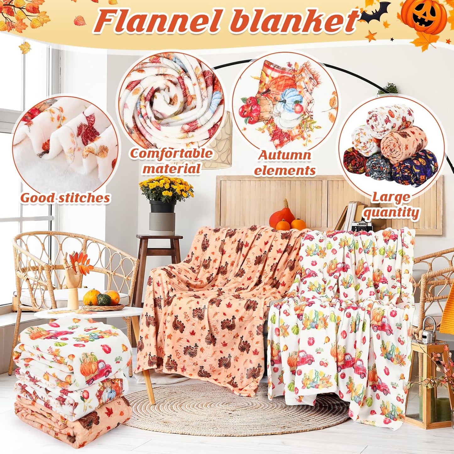 6 Pack Thanksgiving Day Throws Blanket Bulk in Bulk Autumn Thanksgiving Flannel Blanket Fall Pumpkin Turkey Lightweight Throw Soft Warm Fluffy Plush Quilt for Living Couch Dorm, 50 x 60 Inch