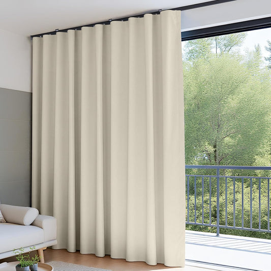 Room Divider Blackout Curtains & Ceiling Curtain Track Set Wall Mount Extra Wide Track Curtains Flexible Sliding Curtain Rod Room Separation Privacy（W 108 x H 84 in Beige Drape & Black Rail）