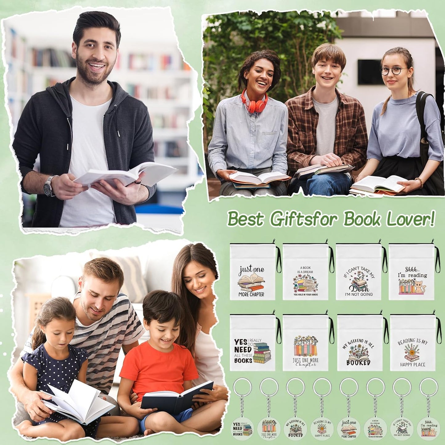 16Pcs Book Club Gifts Book Pouch Sleeves Book Lover Acrylic Keychains Bulk with Zipper and Pocket Paperback Sleeve for Librarian Lovers Bookish Group Club Gifts 11 x 8.7 Inch