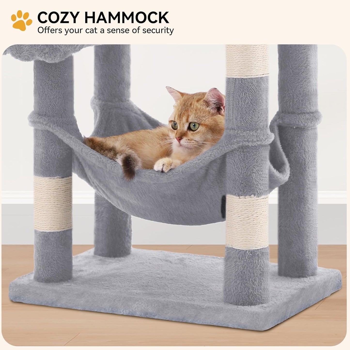 YITAHOME 44in Cat Tree Tower Indoor, Multi-Level Cat Condo with Scratching Posts, Cat Window Padded Plush Perch, Cozy Hammock, Funny Pompoms for Kittens Pet Play House, Light Gray
