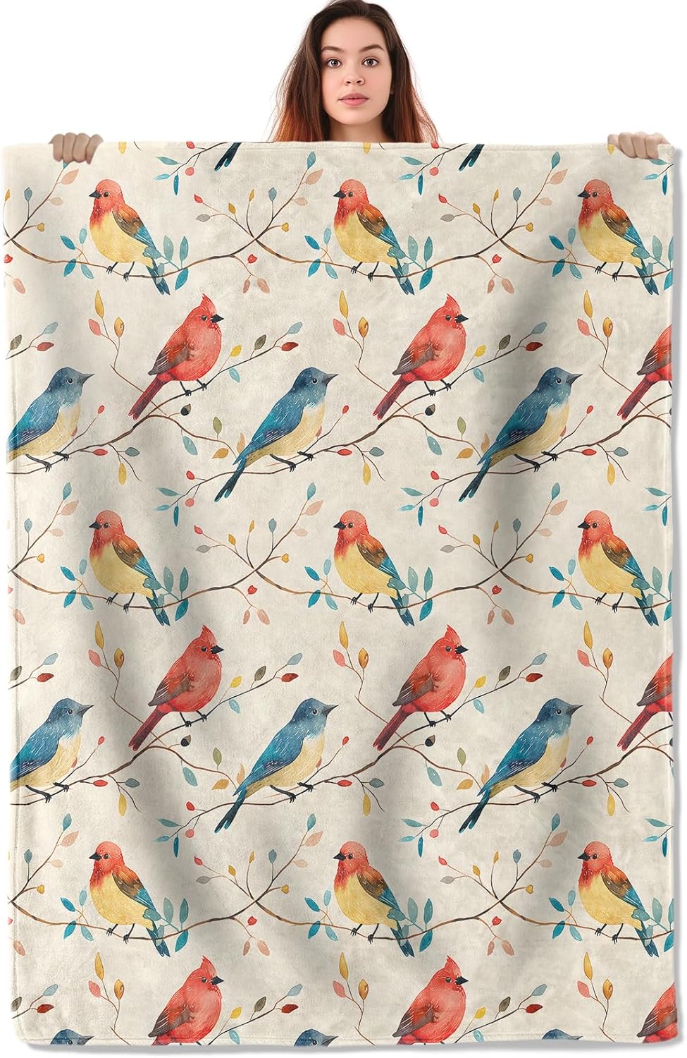 Bird Throw Blanket, Warm Flannel Blankets Colorful Birds and Branch and Beige Background, Vintage Nature Decor and Gifts, Soft Cozy Throws, 50"X60" for Bedroom Couch Travel Office