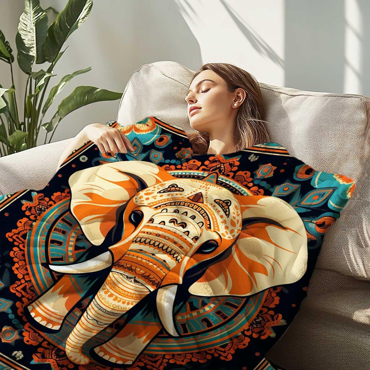 Firmiso Boho Elephant Throw Blanket Gift for Women Girls, Mandala Elephant Flannel Fleece Blanket for Couch, Sofa or Bed, Decorative Bohemian Animal Home Decor, 60"x80"