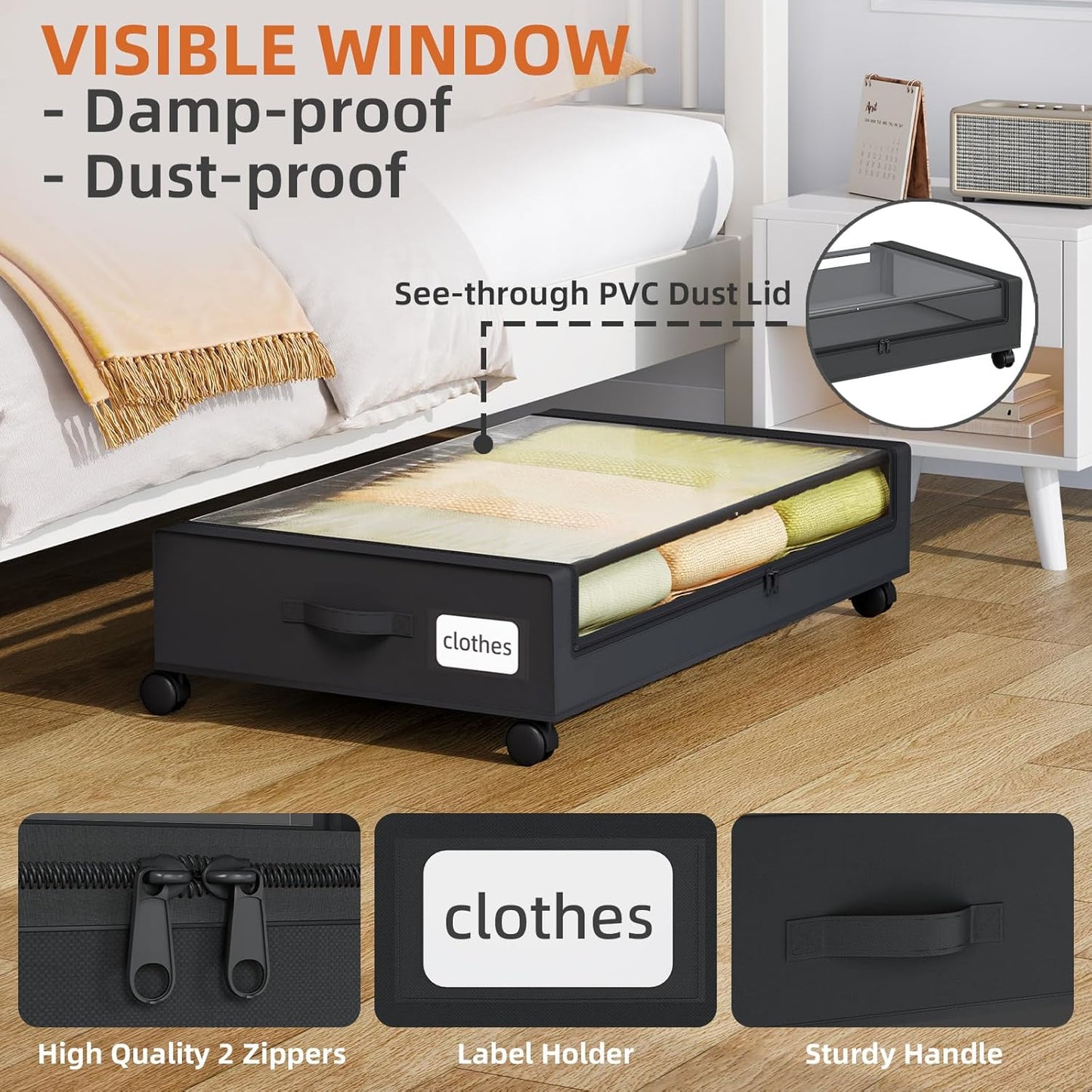Somdot Under Bed Storage with Wheels, 2 Pack Bed Storage Containers with Dividers & Clear Lids, Easy Pull-out Metal Drawer for Clothes, Shoes,Toys, Blankets (Black)
