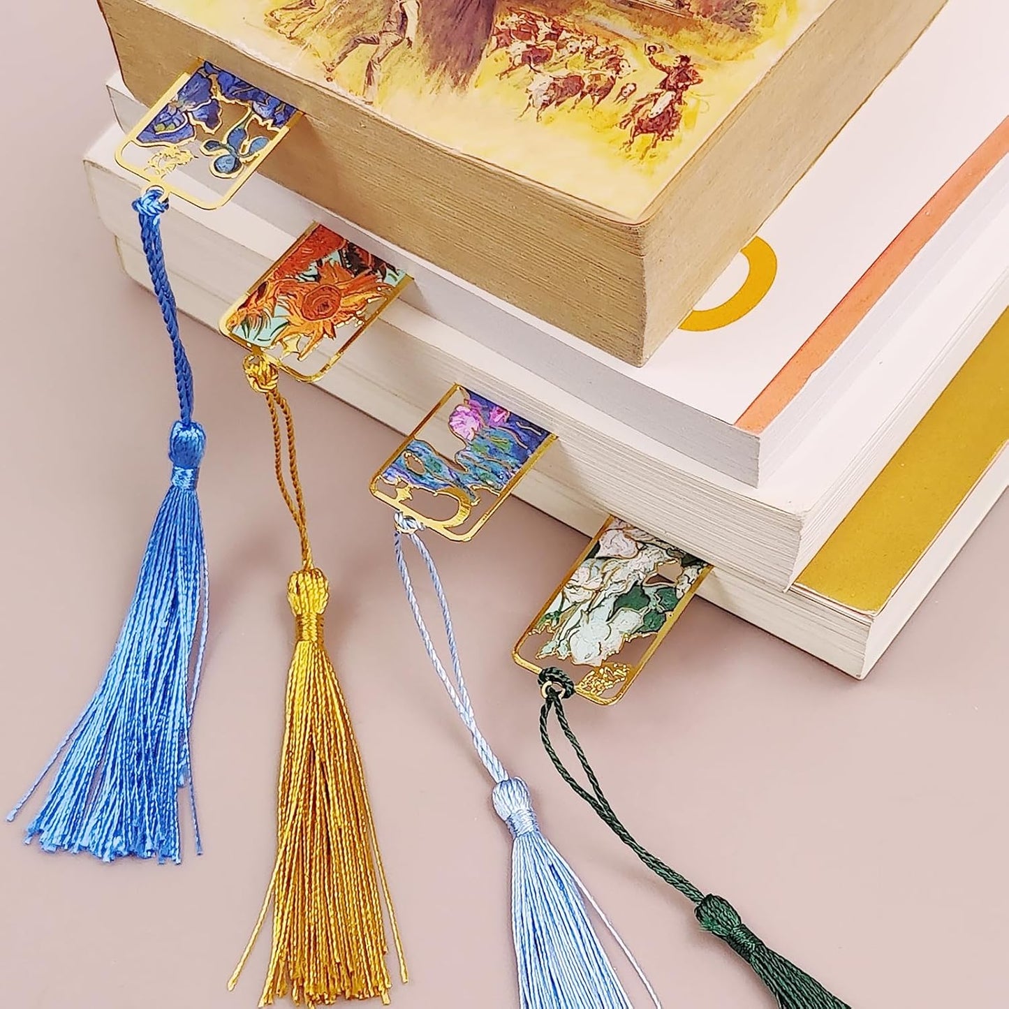 4 Piece Metal Bookmark Set, Vintage Van Gogh & Monet Oil Painting Theme with Tassels, Hollow Floral Design Aesthetic Reading Accessories for Women, Book Lovers Gifts for Readers