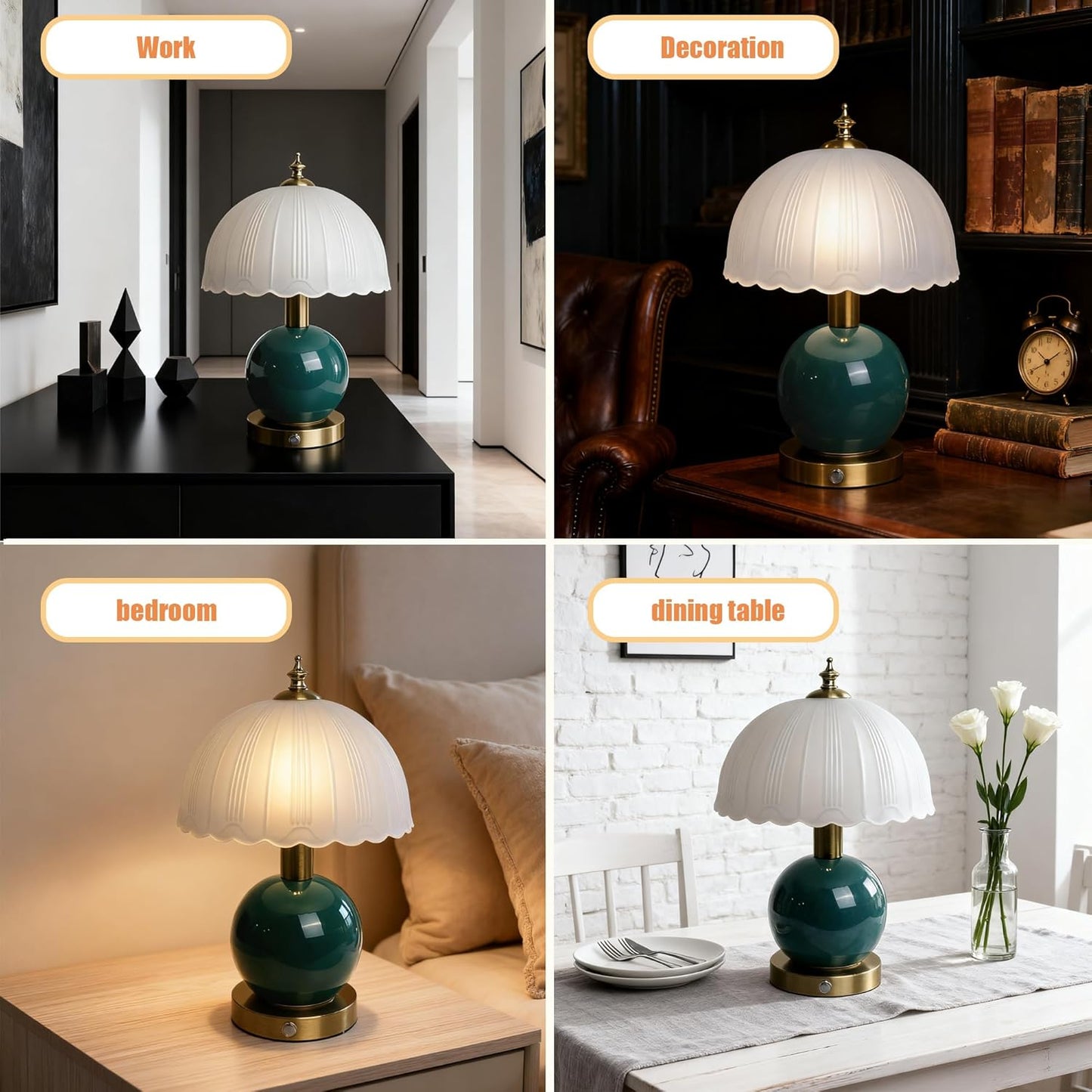 Living Room Vintage Ceramic lamp,12 inch Modern Rechargeable Touch Light, Stepless Light Adjustment Desk Lamp, Classic Chinese Style Emerald Green