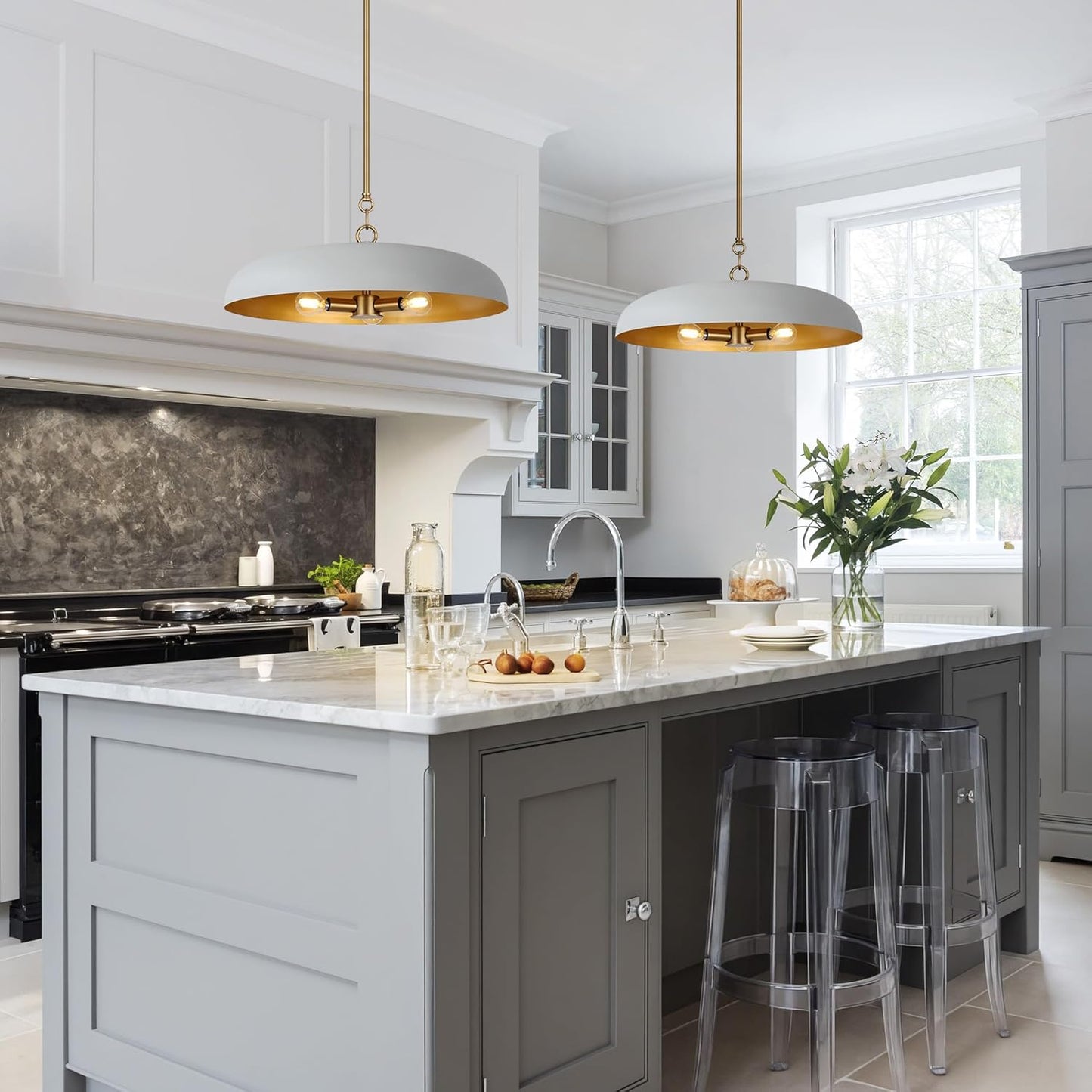 LamQee 20 Inch Oversized Large Pendant Lights, 3-Lights Gray and Gold Modern Dome Chandelier, Nordic Metal Pendant Lighting Fixture Ceiling Hanging for Kitchen Island, Dining Room Over Table, Bar
