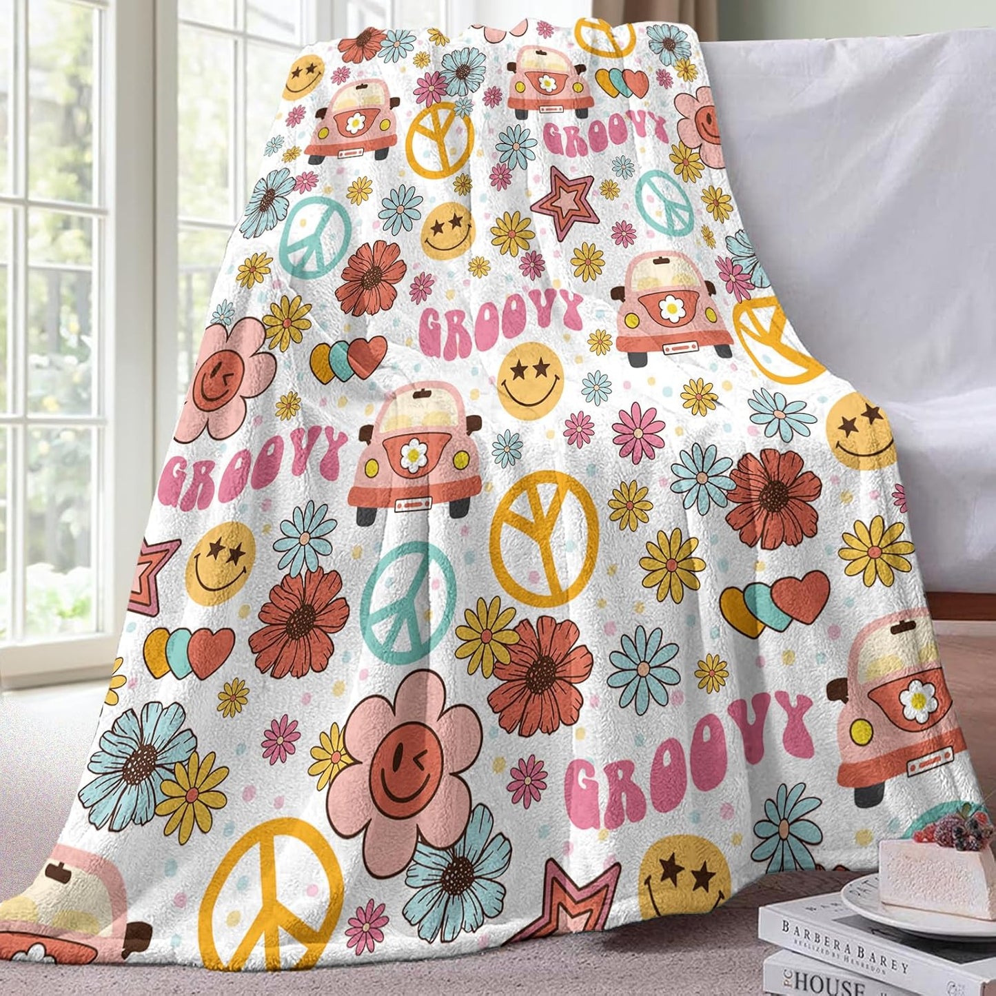 Retro Groovy Hippie Flannel Throw Blanket, Vintage Hippy Bus Daisy Flower Smiley Face Peace Love Gifts for Kids Men Women, Colorful Stars Polka Dots Soft Blankets for Bedding Sofa 50" x 60"