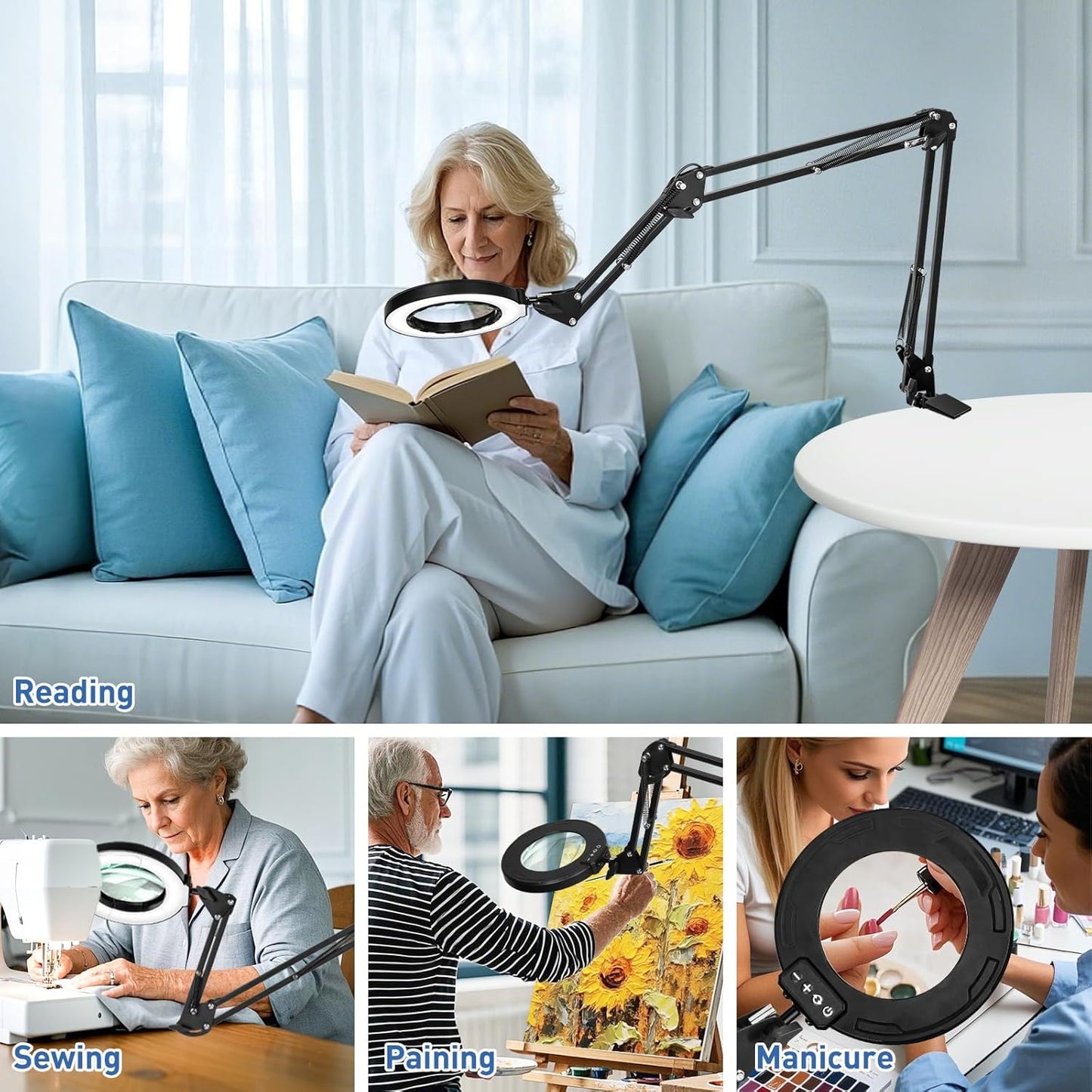 HITTI Ultra Long 12X Magnifying Glass with Light and Clamp, 5 Color Modes Steepless Dimming Desk Lamp, Swivel Arm Workbench Light, Hands Free Lighted Magnifier Stand for Craft Reading Soldering