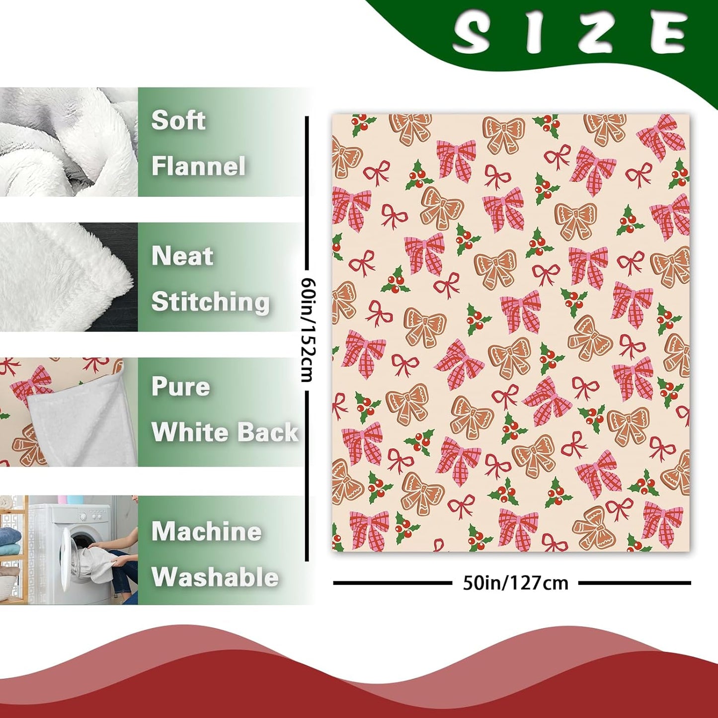 Pink Christmas Bow Flannel Throw Blanket, Xmas Coquette Ribbon Holly Berries Preppy Birthday Gifts for Kids Men Women, Winter Holiday Soft Blankets for Bedding Sofa 50 x 60 Inches