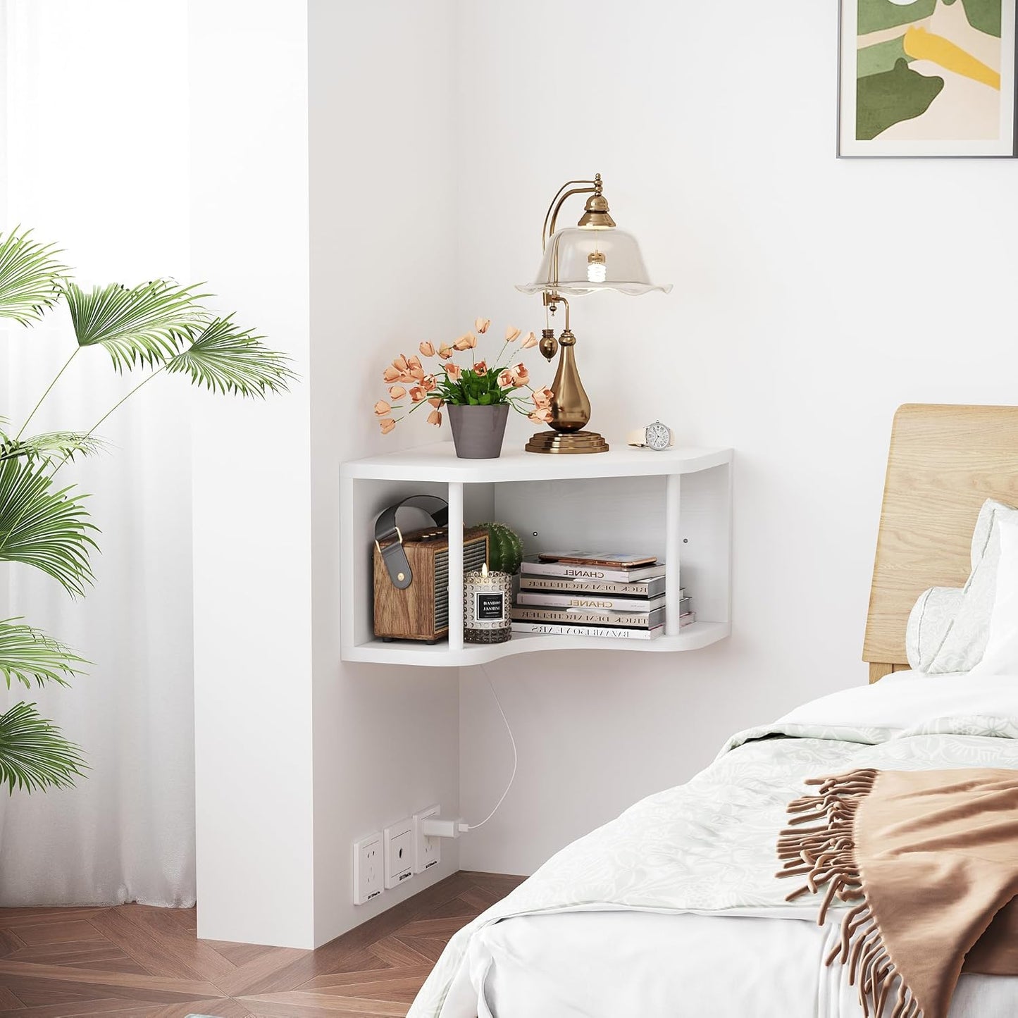 White Corner Floating Shelf Wall Mounted, Pine Wood Shelves 90° Corner Floating Cabinet Shelf for Wall, 18’’ Bedside Corner Shelves with Cord Hole, Projector Floating Shelf for Living Room, Bedroom
