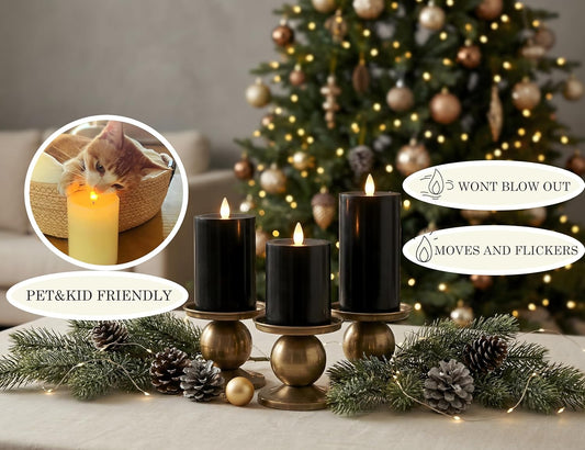 Flameless Pillar Candles Flickering with Remote Timer, Battery Operated LED Candles Up to 400 Hours, 3D Moving Flame Real Wax Candles. (Black)