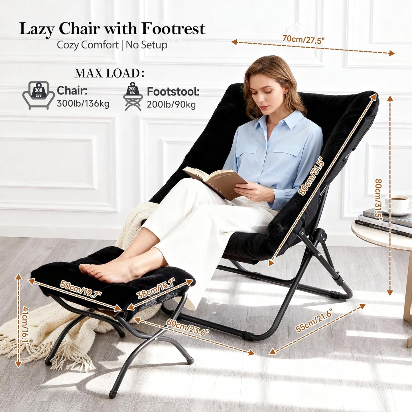 Oversized Folding Faux Fur Chair with Ottoman, X-Large Soft Saucer Chair, Foldable Metal Frame for Bedroom, Living Room, Balcony (Black)