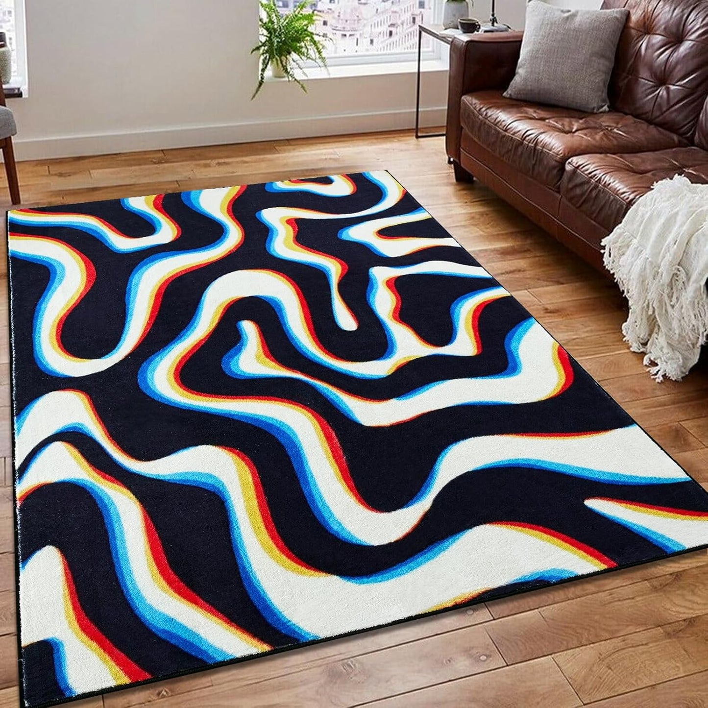 Trippy Abstract 3x5 Area Rug Non Slip Ultra Thin Flatweave Funky Aesthetic Wavy Stripes Swirl Throw Rug Colorful Black White, Retro Cool Cute Washable Carpet for Kitchen Entryway Bedroom