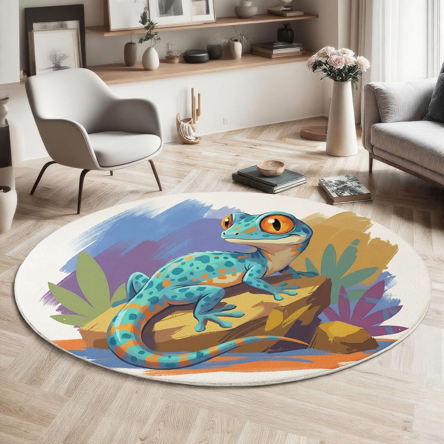Modern Round Area Rug for Living Room, 5Ft Washable Round Rug Turquoise Watercolor Gecko Rocks Circle Rugs for Dining Room Table, Cartoon Animals Small Circular Floor Carpet for Bedroom