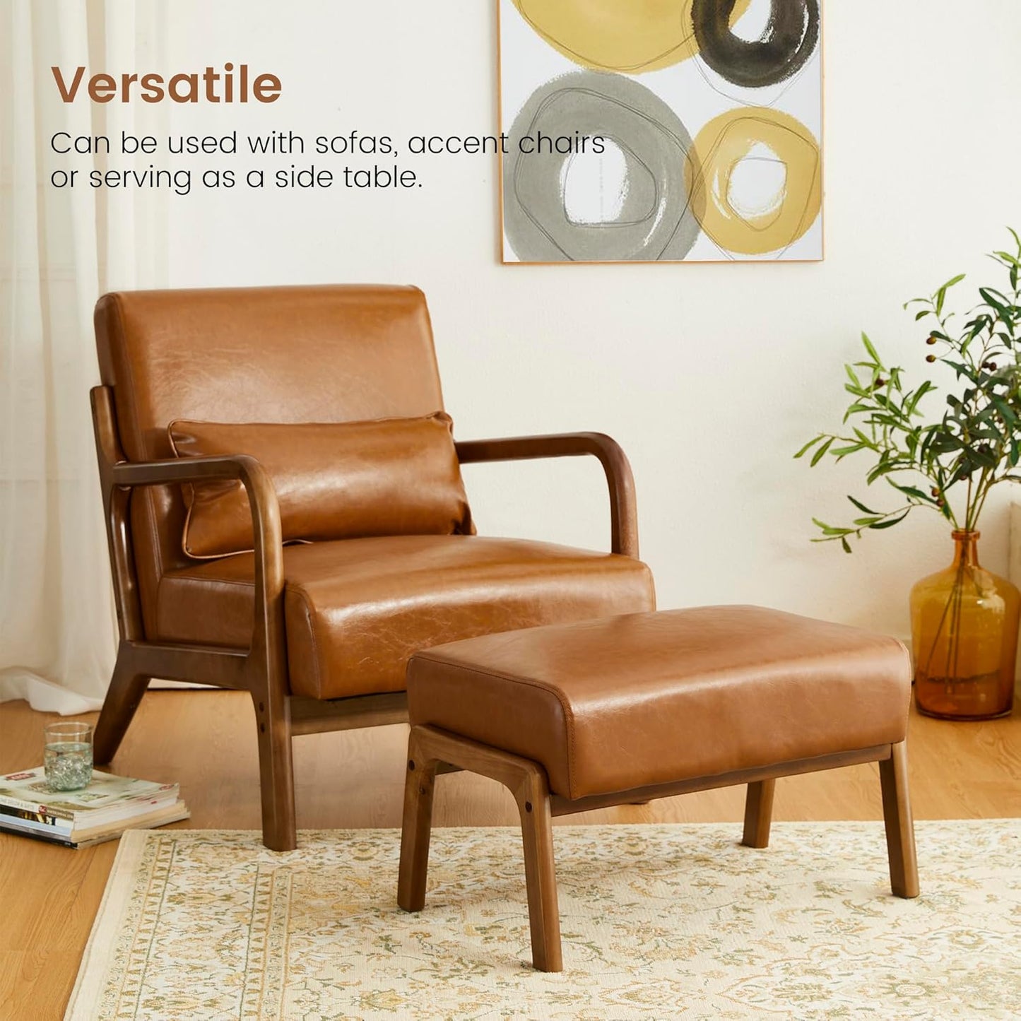 Glitzhome 15.5"(H) Footrest Stool, Leatherette Ottoman, Accent Padded Sofa Foot Stool for Accent Chair, Wood Frame Foot Rest Ottoman for Living Room, Bedroom, Yellowish-Brown