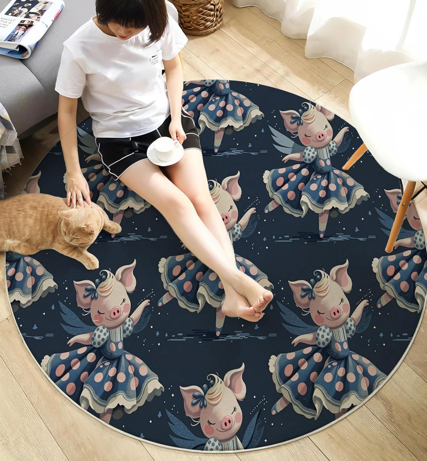 Washable Fun Dress Pig Area Rug, 3Ft Round Rugs for Living Room Soft Carpet for Bedroom Animal Starry Sky Indoor Stain Resistant Non-Shedding Floor Carpet, Dark Blue, 3Ft-Round