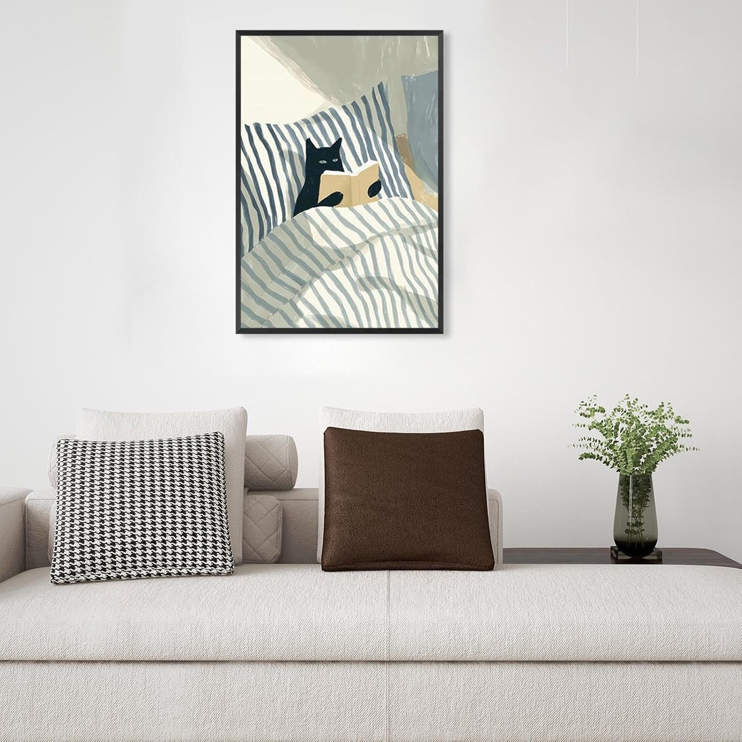 Vintage Black Cat Reading Cat Canvas Wall Art Funny Blue And White Striped Cat In Bed Posters Whimsical Animal Aesthetic Prints Painting For Home Bedroom Dorm Wall Decor 12x16in Unframed