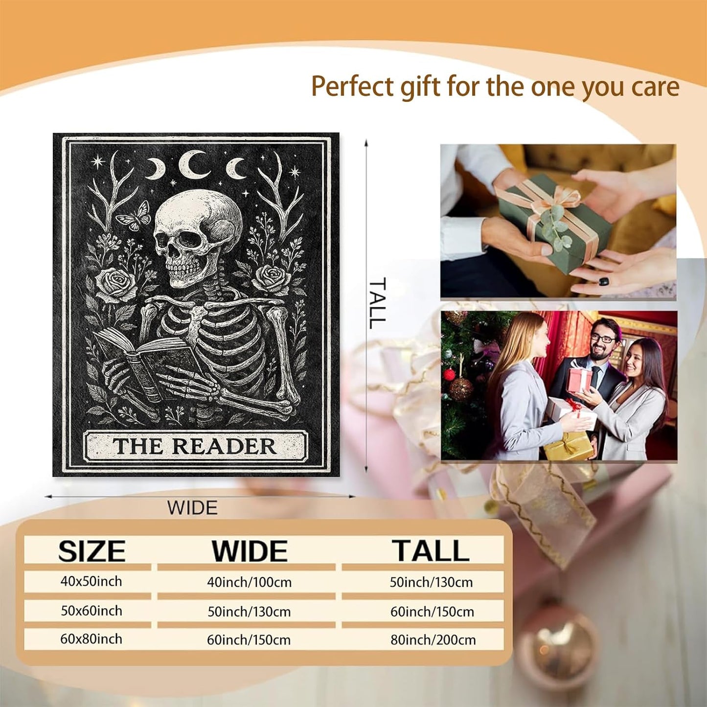 Gothic Skeleton Reading Blanket Gifts for Women, Soft Warm Lightweight Flannel Skull Moon Throw Blankets for Bedroom Living Room Home Sofa Camping Decor 50" x 60", Goth Floral Throws