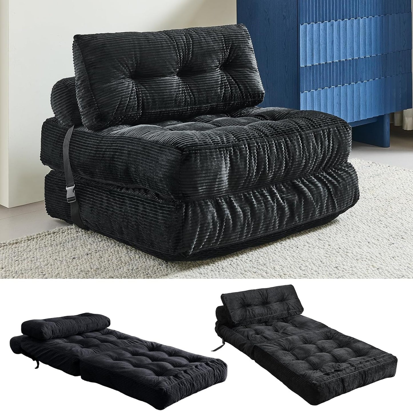 Folding Sofa Bed, Convertible Sleeper Chair with Pillow, Foldable Mattress with Back Support, Portable Floor Sofa Lounge for Living Room Bedroom Dorm