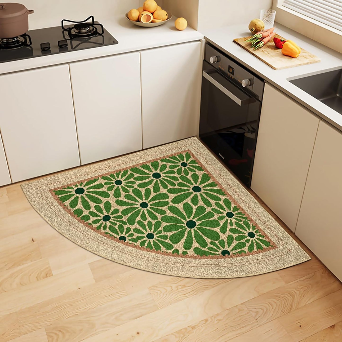 SHIYUE Triangle Corner Rug Kitchen Rugs Washable Non Slip Area Rug Water, Comfort Soft Rubber Standing Sink Mat Bathroom and Bedroom Laundry Mat(32in Green Flower)