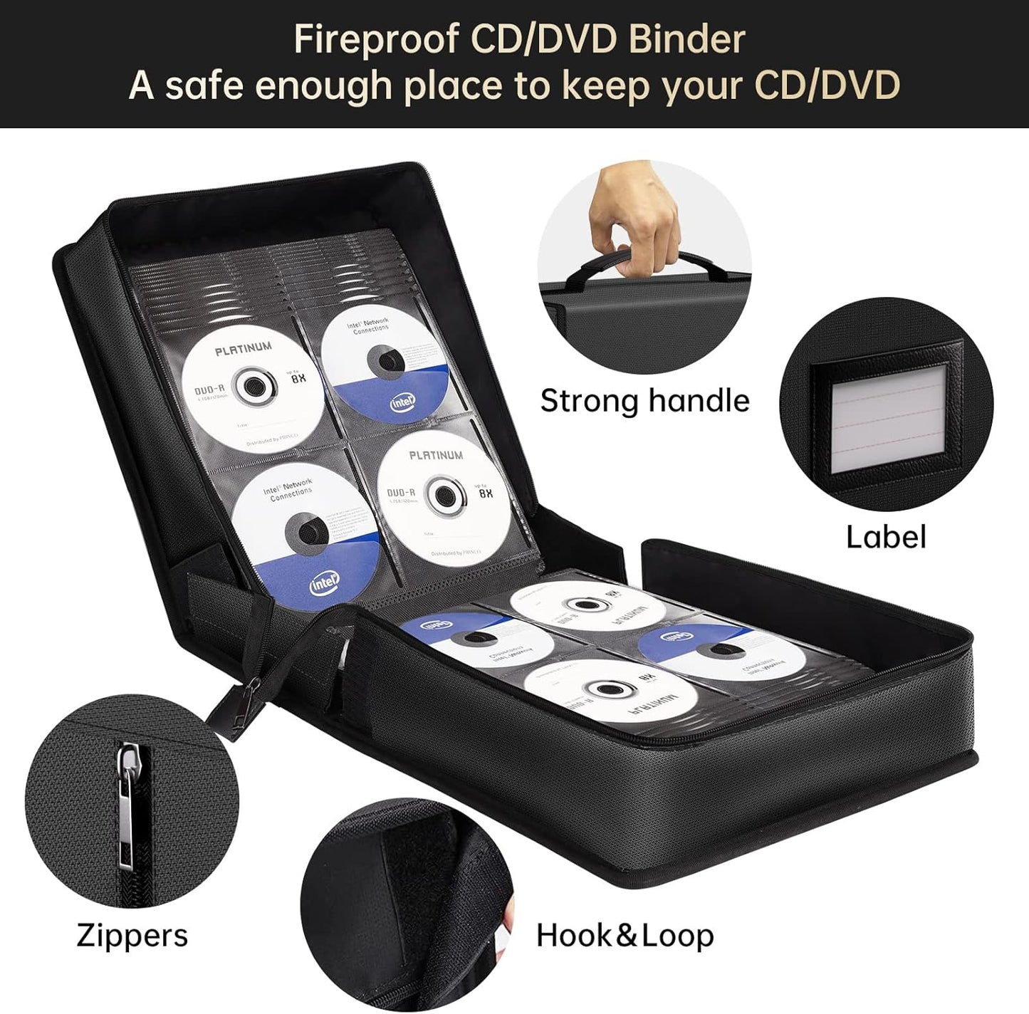 ENGPOW Fireproof CD Case, CD/DVD Storage Box,400 Capacity CD Binder DVD Storage Holder with Zippers, Portable Large Card Media Wallet Organizer Safe for Home Office Travel Car,Black,12.2"x11.8"x7.1"