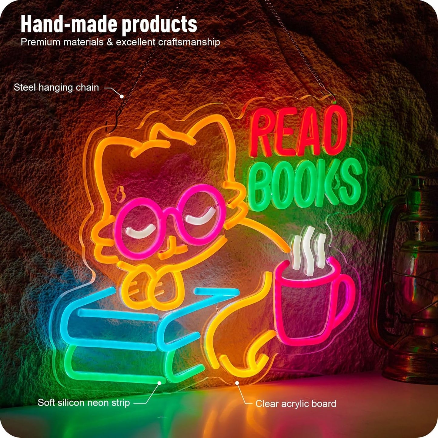 Read Books cat &coffe Neon Sign Book Neon Light Colorful Rainbow Neon Light sign Read More Books Neon Signs Library Classroom Reading Room Bookstore Bookish Decoration Kids Gifts