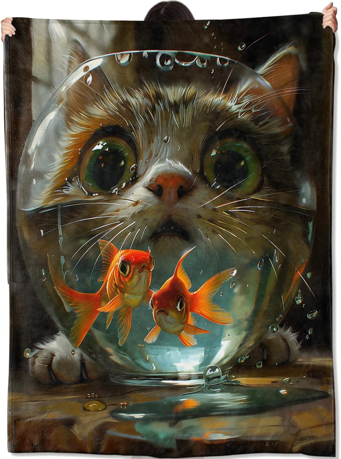 Cute Cat Fishbowl Blanket, Cartoon Kitten and Goldfish Fantasy Illustration Lightweight Flannel Throw 50×60 for Couch Sofa Bed, Playful Cozy Home Decor and Unique Gifts for Cat Lovers Girls