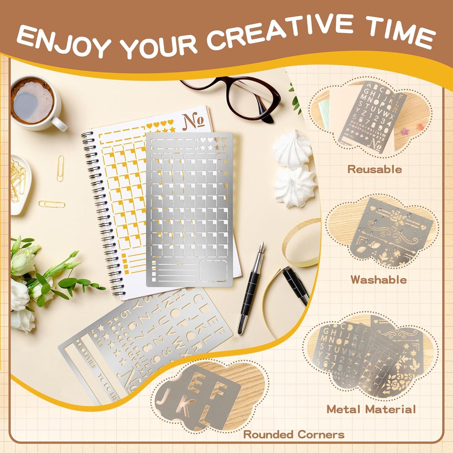 3PCS Planner Stencils, Metal Journal Stencil for Bullet Journaling Wood Burning Engraving Crafts Reusable Stencils for Crafts DIY Bookmark Lists Planner Stamps Habit Tracker Monthly Spread (3)